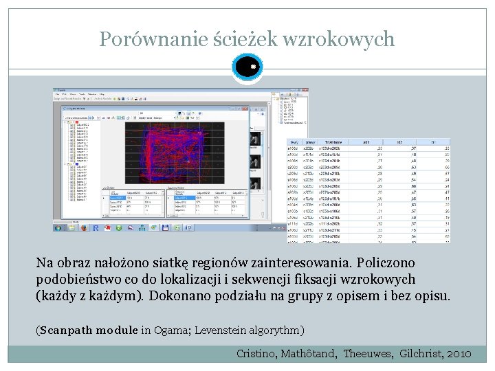 Porównanie ścieżek wzrokowych Na obraz nałożono siatkę regionów zainteresowania. Policzono podobieństwo co do lokalizacji