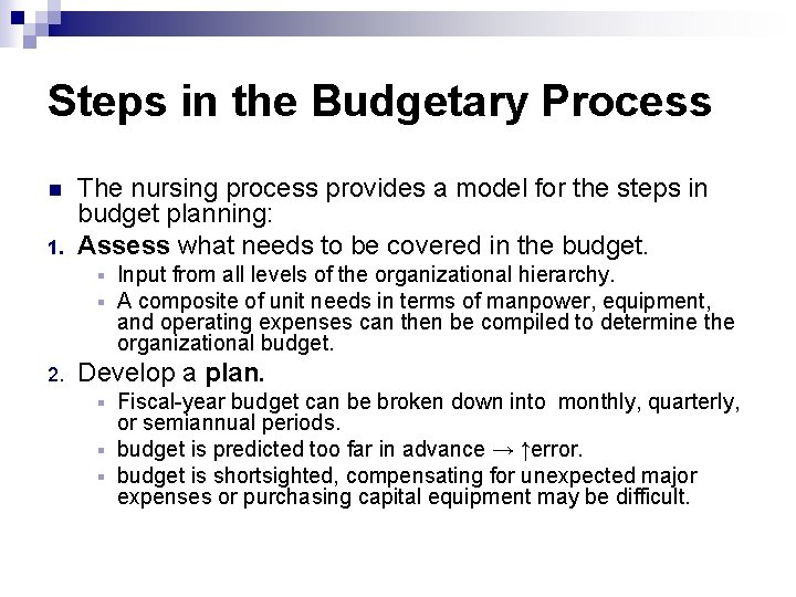 Steps in the Budgetary Process n 1. The nursing process provides a model for