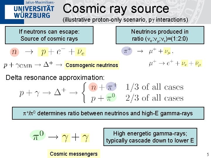 Cosmic ray source (illustrative proton-only scenario, pg interactions) If neutrons can escape: Source of