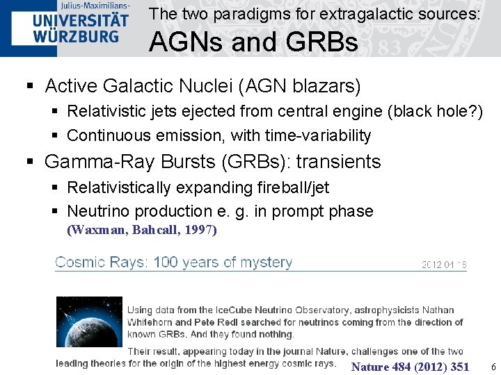 The two paradigms for extragalactic sources: AGNs and GRBs § Active Galactic Nuclei (AGN