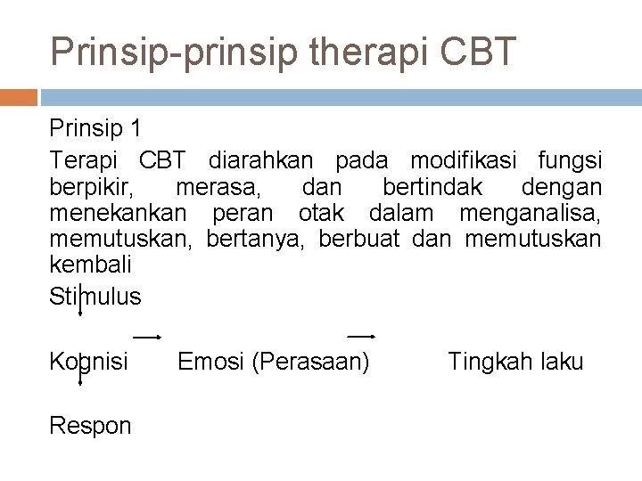 Prinsip-prinsip therapi CBT Prinsip 1 Terapi CBT diarahkan pada modifikasi fungsi berpikir, merasa, dan