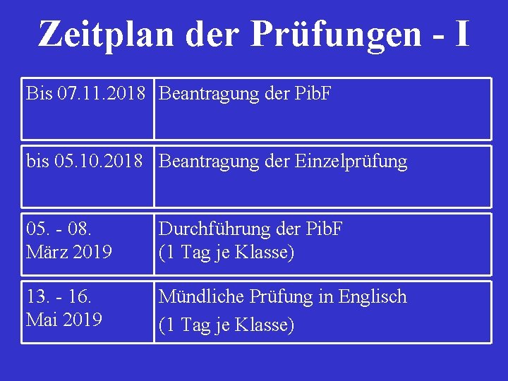 Zeitplan der Prüfungen - I Bis 07. 11. 2018 Beantragung der Pib. F bis