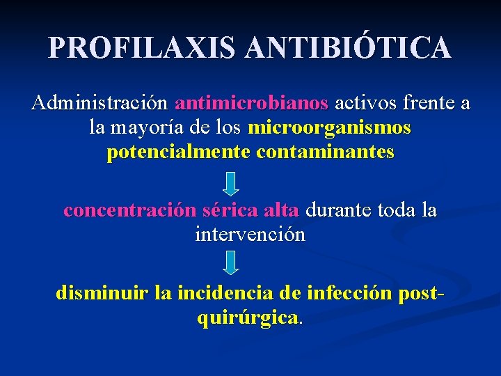 PROFILAXIS ANTIBIÓTICA Administración antimicrobianos activos frente a la mayoría de los microorganismos potencialmente contaminantes