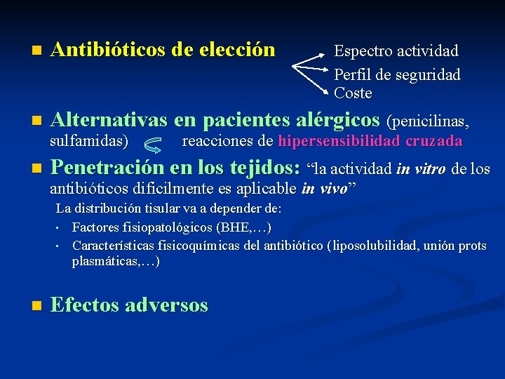 n Antibióticos de elección n Alternativas en pacientes alérgicos (penicilinas, sulfamidas) n Espectro actividad