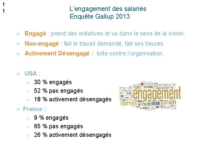 1 1 L’engagement des salariés Enquête Gallup 2013 Engagé : prend des initiatives et