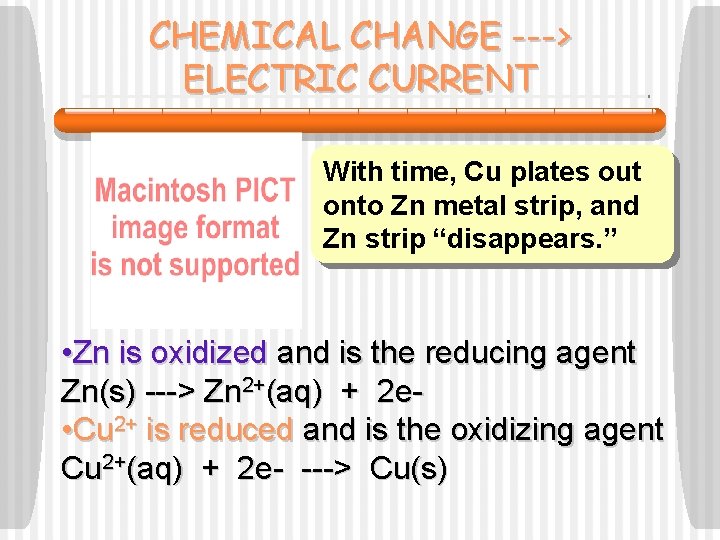 CHEMICAL CHANGE ---> ELECTRIC CURRENT With time, Cu plates out onto Zn metal strip,