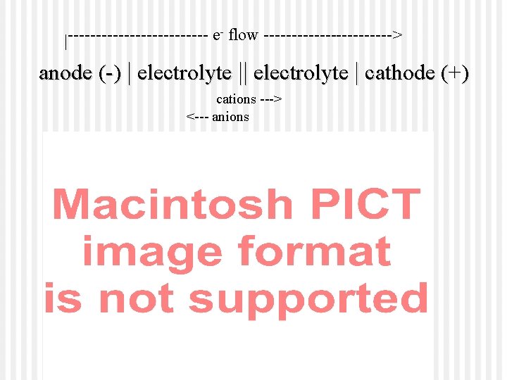 - flow ------------> ------------e | anode (-) | electrolyte | cathode (+) cations --->