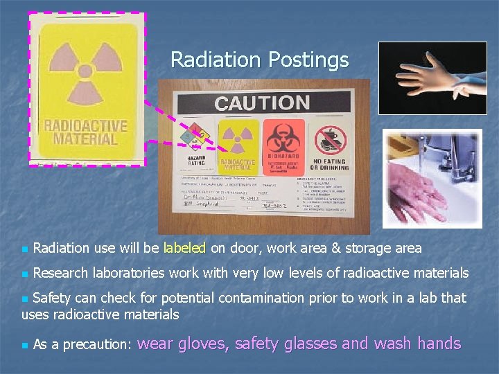 Radiation Postings n Radiation use will be labeled on door, work area & storage