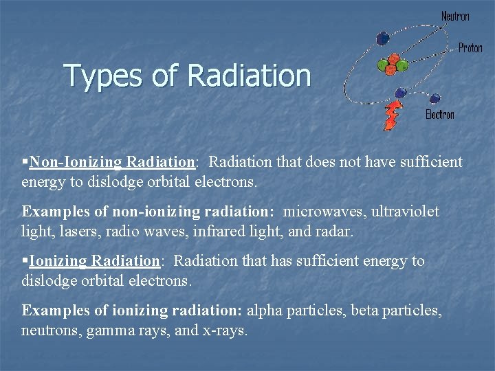 Types of Radiation §Non-Ionizing Radiation: Radiation that does not have sufficient energy to dislodge