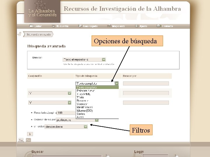 Opciones de búsqueda Filtros 