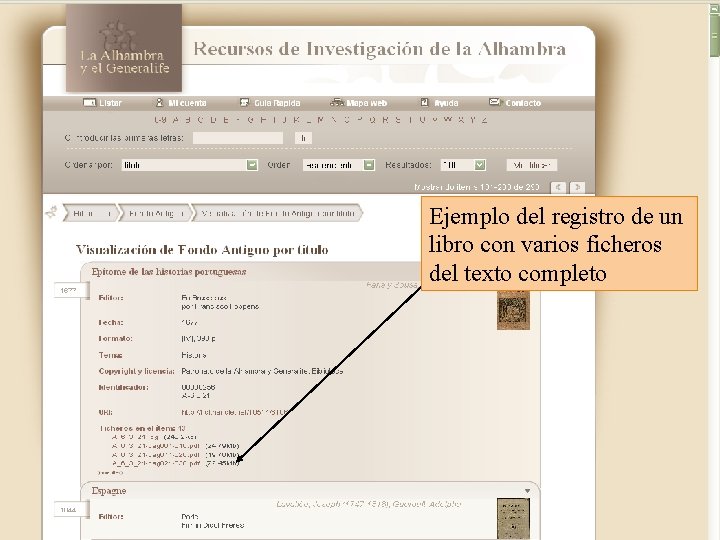 Ejemplo del registro de un libro con varios ficheros del texto completo 