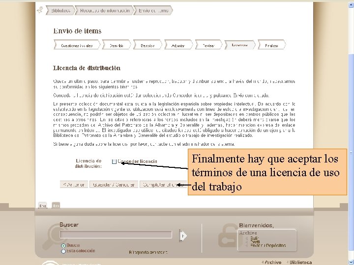 Finalmente hay que aceptar los términos de una licencia de uso del trabajo 