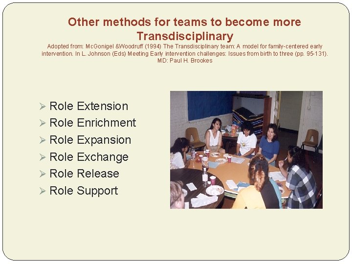 Other methods for teams to become more Transdisciplinary Adopted from: Mc. Gonigel &Woodruff (1994)