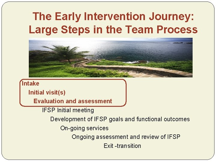 The Early Intervention Journey: Large Steps in the Team Process Intake Initial visit(s) Evaluation