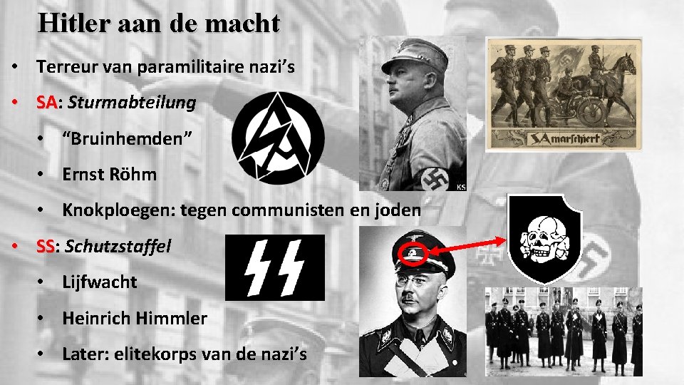 Hitler aan de macht • Terreur van paramilitaire nazi’s • SA: SA Sturmabteilung •