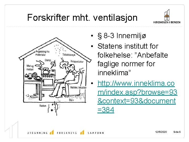 Forskrifter mht. ventilasjon • § 8 -3 Innemiljø • Statens institutt for folkehelse: ”Anbefalte