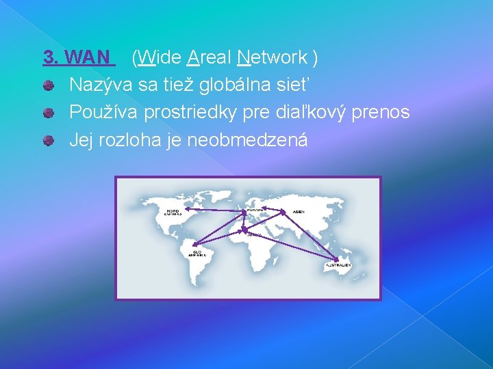 3. WAN (Wide Areal Network ) Nazýva sa tiež globálna sieť Používa prostriedky pre