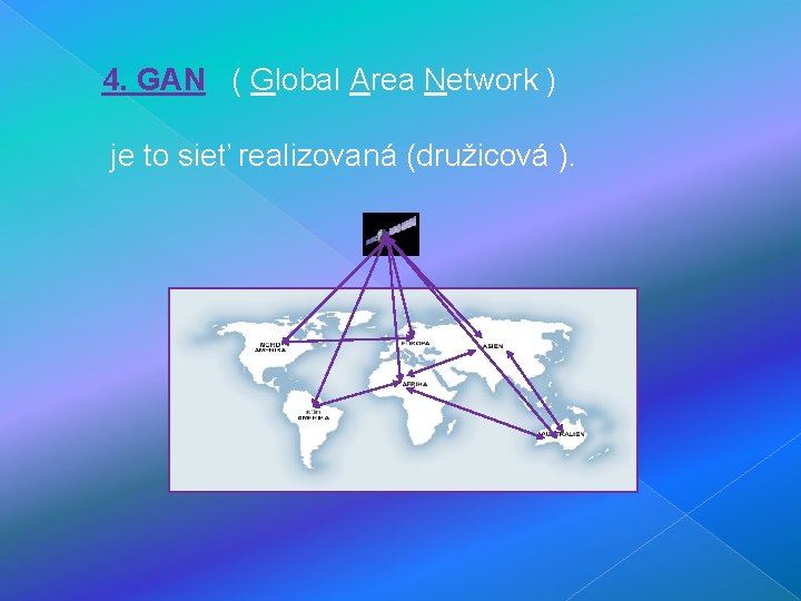 4. GAN ( Global Area Network ) je to sieť realizovaná (družicová ). 