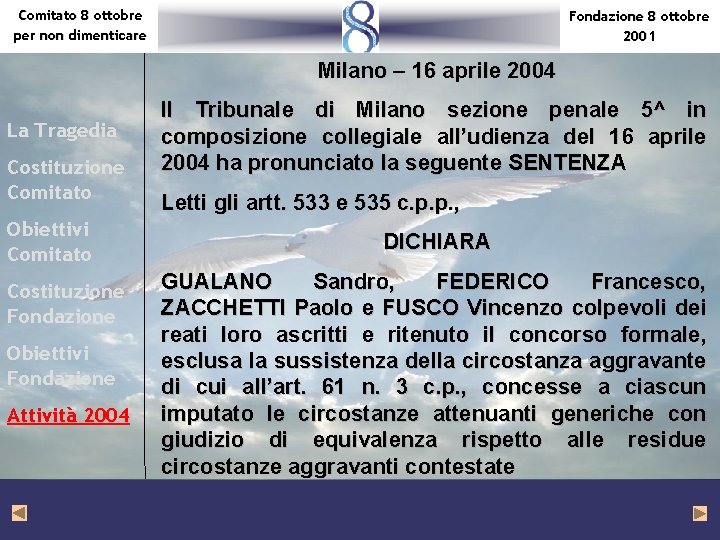 Comitato 8 ottobre per non dimenticare Fondazione 8 ottobre 2001 Milano – 16 aprile