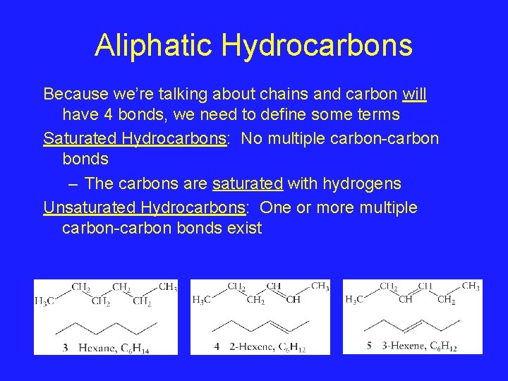 Aliphatic Hydrocarbons Because we’re talking about chains and carbon will have 4 bonds, we