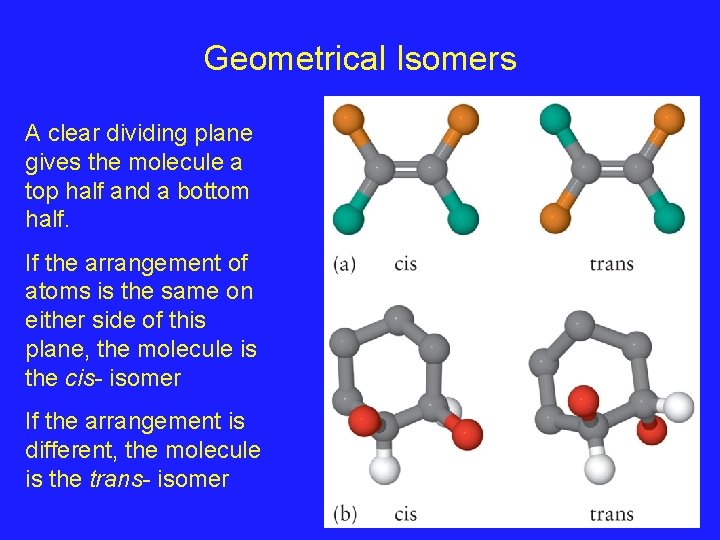 Geometrical Isomers A clear dividing plane gives the molecule a top half and a
