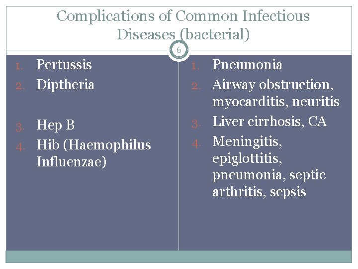 Complications of Common Infectious Diseases (bacterial) 6 Pertussis 2. Diptheria 1. 3. Hep B