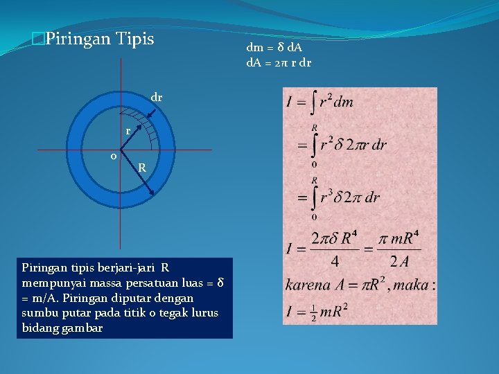 �Piringan Tipis dr r 0 R Piringan tipis berjari-jari R mempunyai massa persatuan luas