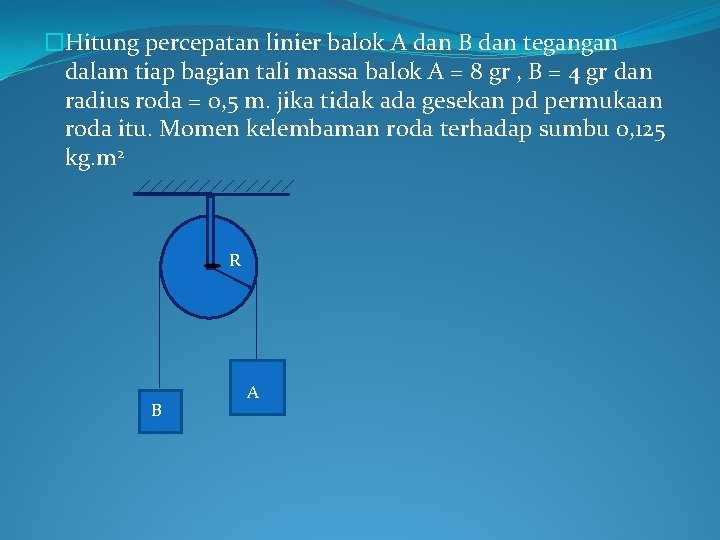 �Hitung percepatan linier balok A dan B dan tegangan dalam tiap bagian tali massa