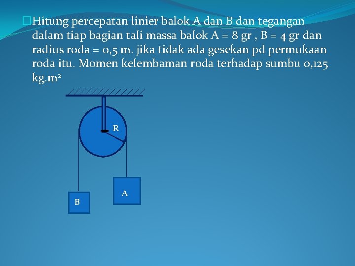 �Hitung percepatan linier balok A dan B dan tegangan dalam tiap bagian tali massa