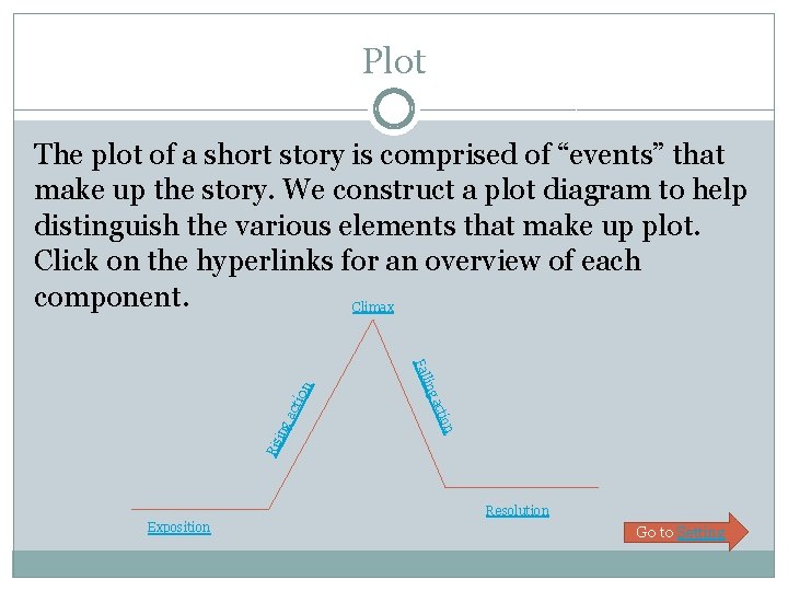 Plot The plot of a short story is comprised of “events” that make up