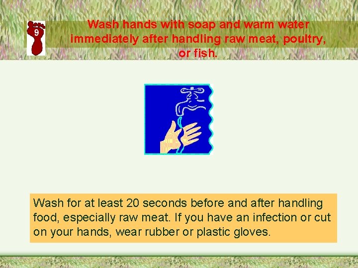 Wash hands with soap and warm water immediately after handling raw meat, poultry, or