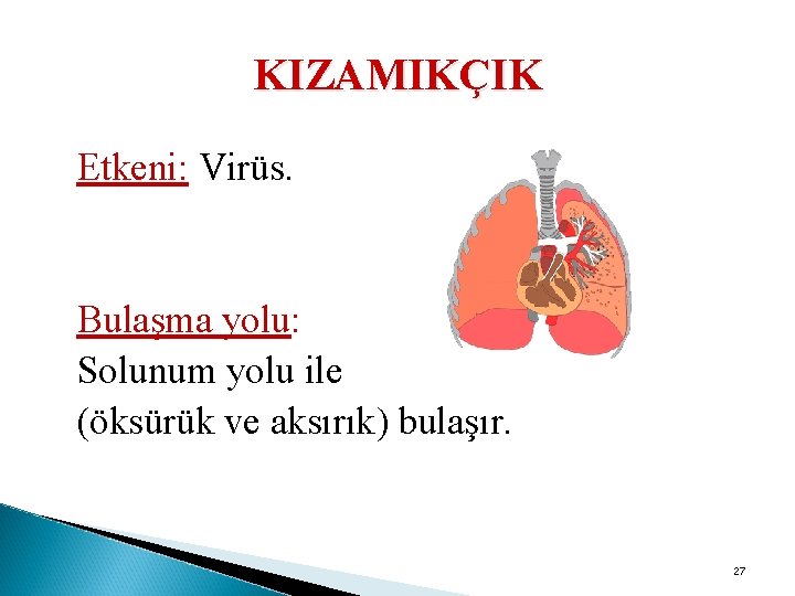 KIZAMIKÇIK Etkeni: Virüs. Bulaşma yolu: Solunum yolu ile (öksürük ve aksırık) bulaşır. 27 