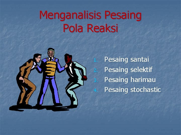 Menganalisis Pesaing Pola Reaksi 1. 2. 3. 4. Pesaing santai Pesaing selektif Pesaing harimau