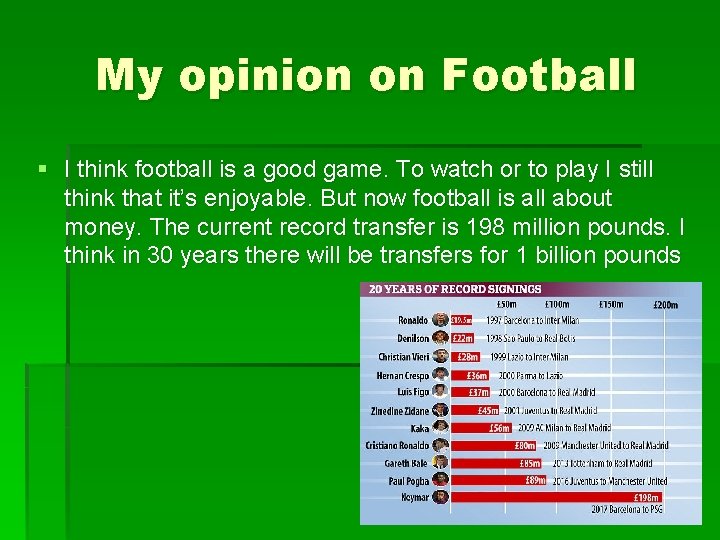 My opinion on Football § I think football is a good game. To watch