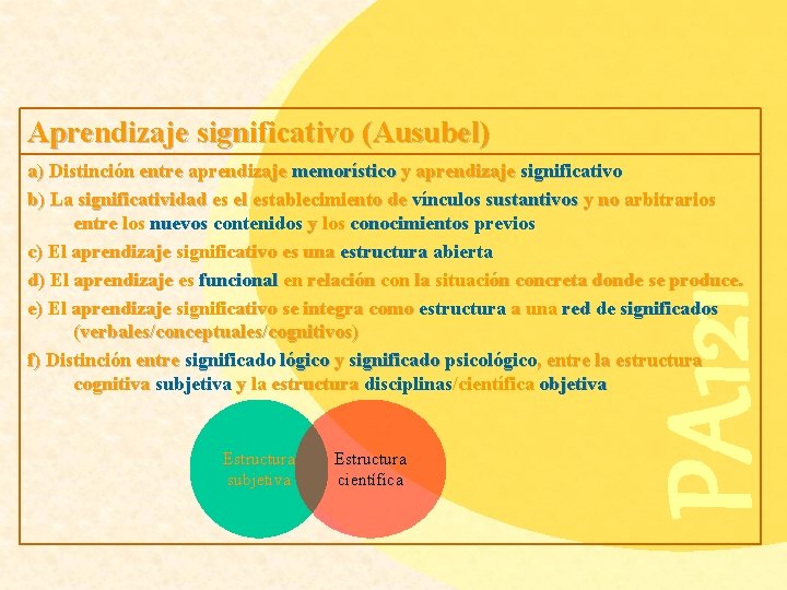 Aprendizaje significativo (Ausubel) Estructura subjetiva Estructura científica PA 121 a) Distinción entre aprendizaje memorístico