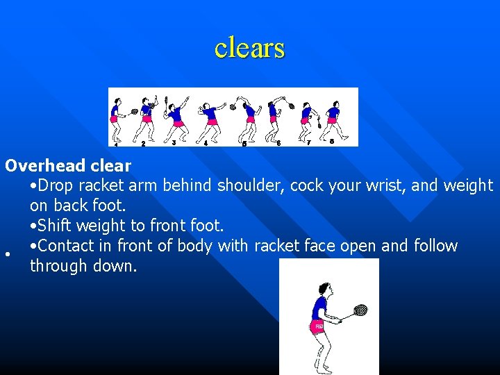 clears Overhead clear • Drop racket arm behind shoulder, cock your wrist, and weight