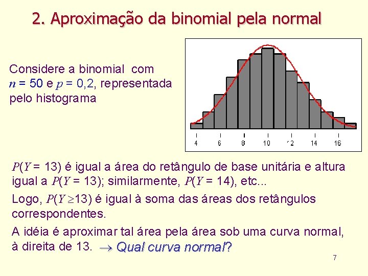 2. Aproximação da binomial pela normal Considere a binomial com n = 50 e