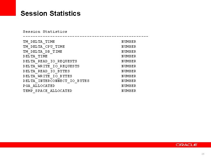 Session Statistics -------------------------TM_DELTA_TIME NUMBER TM_DELTA_CPU_TIME NUMBER TM_DELTA_DB_TIME NUMBER DELTA_TIME NUMBER DELTA_READ_IO_REQUESTS NUMBER DELTA_WRITE_IO_REQUESTS NUMBER