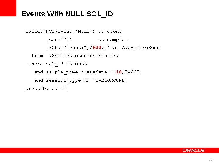 Events With NULL SQL_ID select NVL(event, 'NULL') as event , count(*) as samples ,