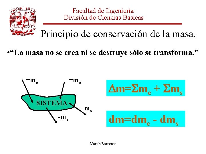 Facultad de Ingeniería División de Ciencias Básicas Principio de conservación de la masa. •