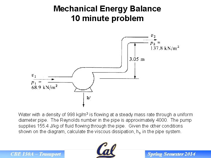 Mechanical Energy Balance 10 minute problem Water with a density of 998 kg/m 3