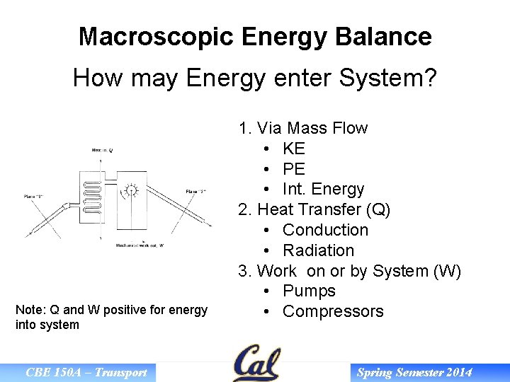 Macroscopic Energy Balance How may Energy enter System? Note: Q and W positive for