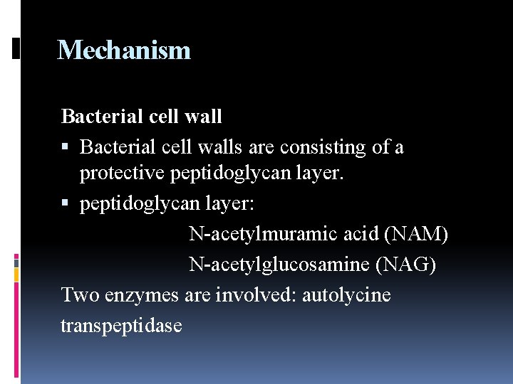 Mechanism Bacterial cell walls are consisting of a protective peptidoglycan layer: N-acetylmuramic acid (NAM)