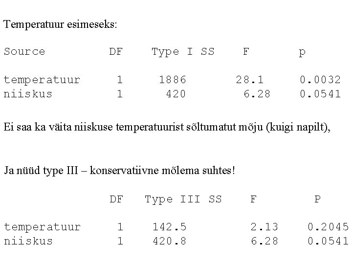 Temperatuur esimeseks: Source DF Type I SS F p temperatuur 1 1886 28. 1