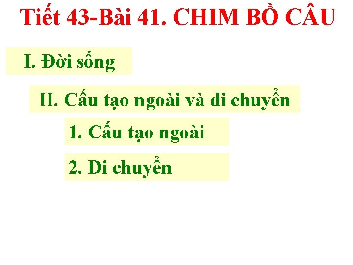Tiết 43 -Bài 41. CHIM BỒ C U I. Đời sống II. Cấu tạo