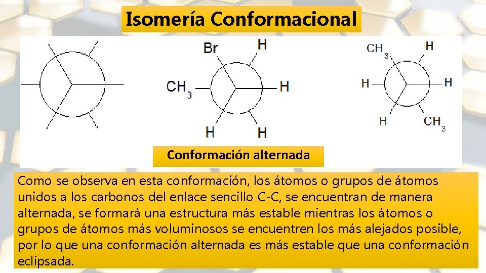 Isomería Conformacional Conformación alternada Como se observa en esta conformación, los átomos o grupos