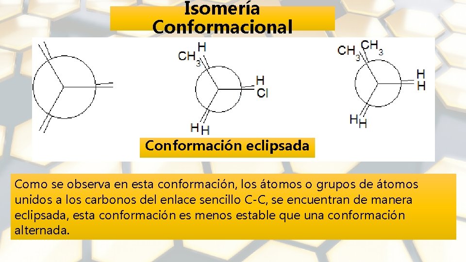 Isomería Conformacional Conformación eclipsada Como se observa en esta conformación, los átomos o grupos