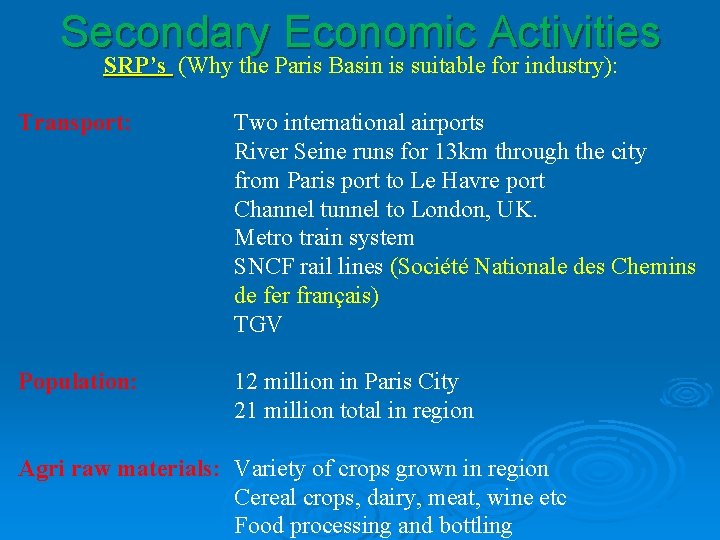 Secondary Economic Activities SRP’s (Why the Paris Basin is suitable for industry): Transport: Two