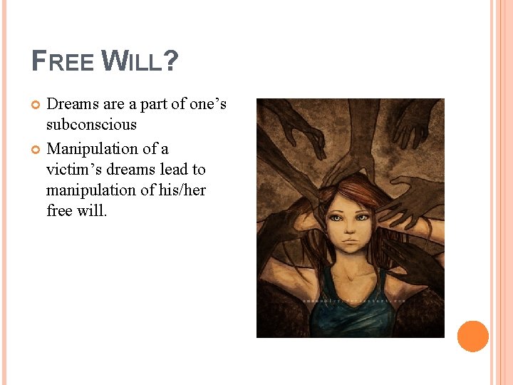 FREE WILL? Dreams are a part of one’s subconscious Manipulation of a victim’s dreams
