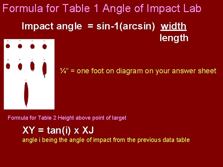 Formula for Table 1 Angle of Impact Lab Impact angle = sin-1(arcsin) width length